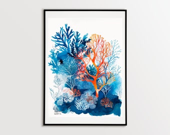 Deep Sea Coral Reef Watercolor Painting, handmade nautical wall art Poster