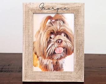 Marco de fotos personalizado de 5x7 pulgadas en madera envejecida grabada para retratos de mascotas.