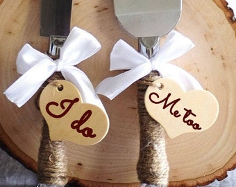 Rustic wedding cake server set wedding cake knife, Twine and engraved hearts, wedding gifts, Wood engraved hearts