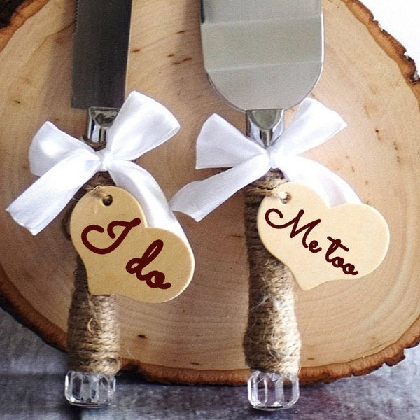 Rustic wedding cake server set wedding cake knife, Twine and engraved hearts, wedding gifts, Wood engraved hearts