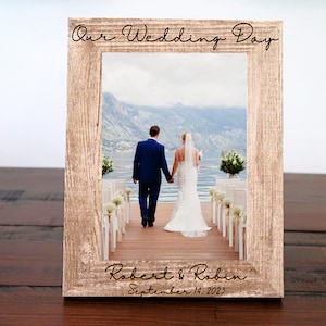 Cadre photo de mariage personnalisé | Cadre photo anniversaire gravé | Cadre photo de mariage 5 x 7 pouces (Blanc) | Cadre de mariage gravé personnalisé