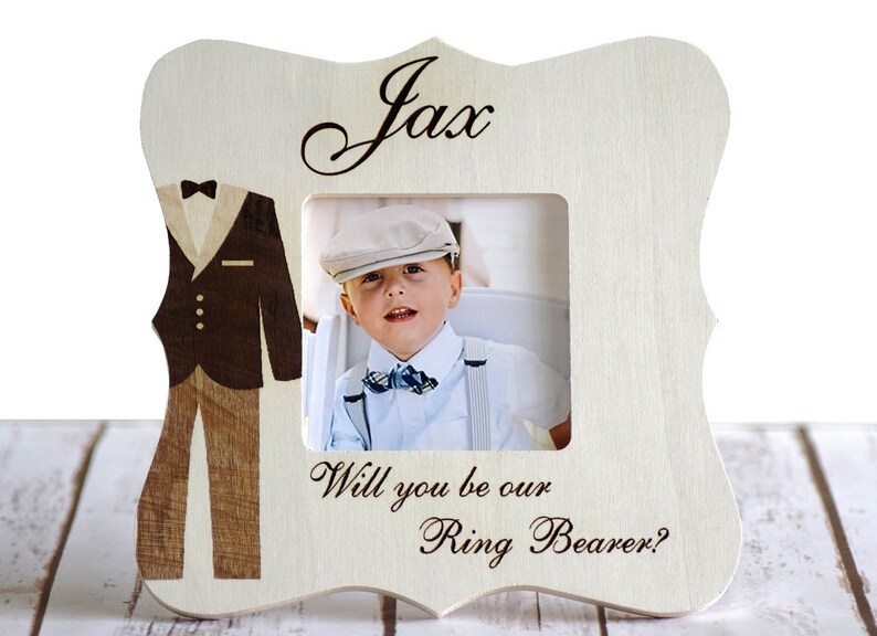 Ring bearer picture frame Wood Engraved Custom Gift, Gift for Ring bearer Wedding Gift Ring bearer gift Will you be my Ring Bearer image 1