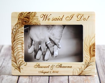 Engraved Wood Wedding Picture Frame, Personalized Anniversary Gift