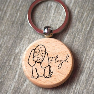 Basset Hound Engraved Dog Breed Keychain | Custom Pet Name | Cartoon Art Style Keychain | Cute Puppy Pet Lover Gift