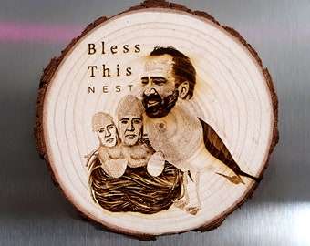 Funny wooden magnet, Cage Free Birds, housewarming, meme gift, Bless this nest