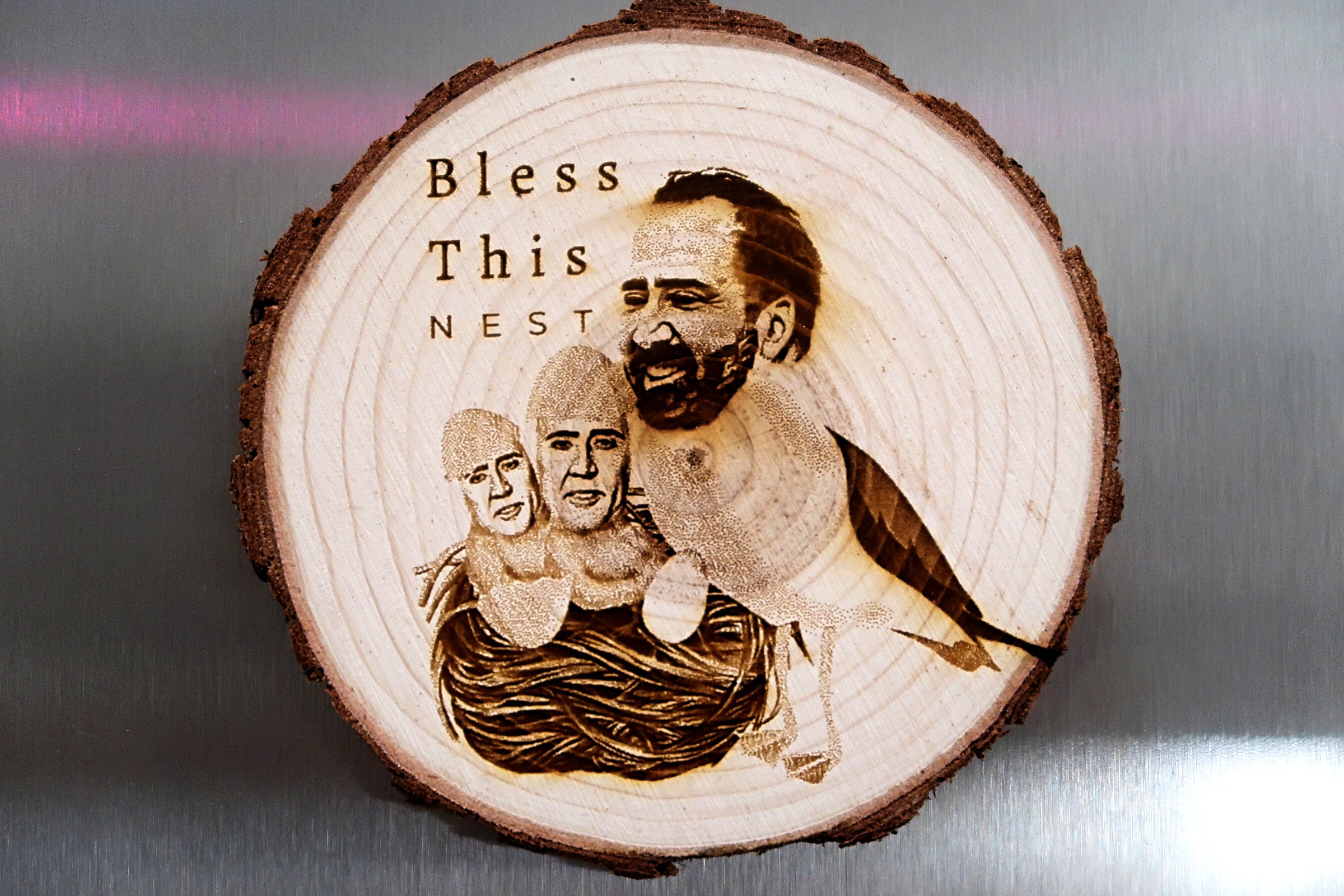 Funny wooden magnet, Cage Free Birds, housewarming, meme gift, Bless this nest