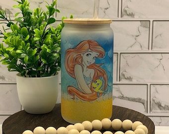 Ariel Little Mermaid 16 oz matglazen beker met bamboe deksel en glazen rietje