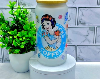 Snow White Frosted Glass Tumbler: Princess Iced Coffee Cup with Straw & Bamboo Lid