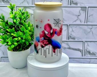 Spider-Man Frosted Glass Tumbler: 16oz Libbey Can with Bamboo Lid & Straw