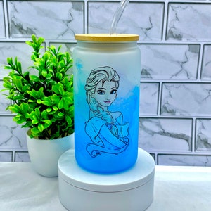エルサ 16オンス ブルー 水彩 フロスト ガラス タンブラー 竹製蓋とストロー付き / リビー ガラス缶 / ディズニー プリンセス / カスタム タンブラー / アイス コーヒー