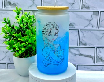 Elsa Watercolor Frosted Glass Tumbler, Bamboo Lid & Straw - 16oz