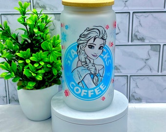 Elsa Frosted Glass Tumbler: Iced Coffee Glass Can with Straw & Lid