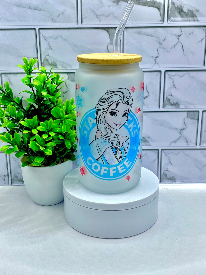 Elsa Frosted Glass Tumbler: Iced Coffee Glass Can with Straw & Lid image 1