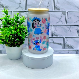 Lilo and Stitch 16oz Frosted Glass Tumbler With Bamboo Lid & Straw / Libbey Glass Can / Custom Tumbler / Iced Coffee