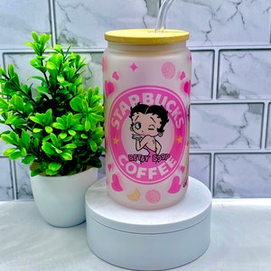 Betty Boop 16oz Frosted Glass Tumbler With Bamboo Lid & Straw / Libbey Glass Can / Custom Tumbler