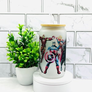 AVENGERS TUMBLER, Frosted Glass Tumbler with Straw and Lid, Iced Coffee Glass Can, Birthday Gifts, Teenage Gifts, Superhero Cup, 16oz