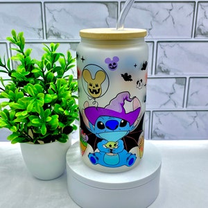 LILO & STITCH Bicchiere spettrale, bicchiere in vetro smerigliato con cannuccia e coperchio, lattina in vetro per caffè ghiacciato, regali di compleanno per ragazze adolescenti, viaggio per ragazze, 16 once
