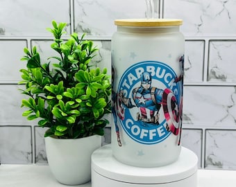 Captain America Frosted Glass Tumbler: Superhero Iced Coffee Cup