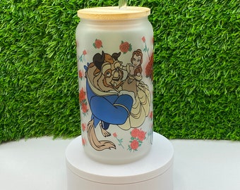 Beauty and the Beast Frosted Glass Tumbler: Bamboo Lid & Straw