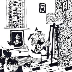May include: Black and white illustration of a room interior with a cat, a potted plant, a lamp, and a checkered floor. The room has a window with blinds, a picture frame, and a chest of drawers.