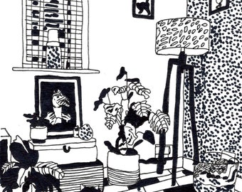 Puede incluir: Ilustración en blanco y negro de un interior de habitación con un gato, una planta en maceta, una lámpara y un suelo de cuadros. La habitación tiene una ventana con persianas, un marco de imagen y una cómoda.