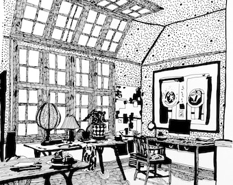 May include: A black and white line drawing of a room with two desks, a globe, a plant, and a framed abstract artwork. The room has a large window with a skylight.