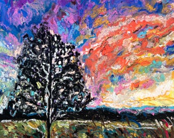 May include: A painting of a lone tree in a field with a colorful, abstract sky. The sky is a mix of blue, purple, pink, orange, and yellow. The tree is black with a white trunk. The field is green with brown and yellow accents.