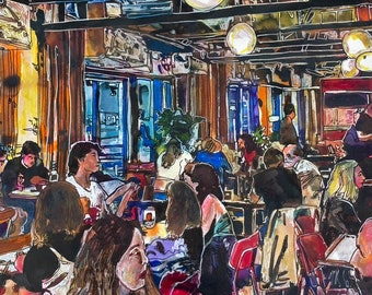 Può includere: Un dipinto ad acquerello che rappresenta una scena di ristorante vivace, con persone sedute ai tavoli e che gustano un pasto. Il ristorante ha un'atmosfera calda e accogliente con muri in mattoni a vista e travi in legno. Ci sono diverse lampade appese al soffitto, che proiettano una luce soffusa sulla stanza. Il dipinto è pieno di vita ed energia, catturando il trambusto di un locale popolare.