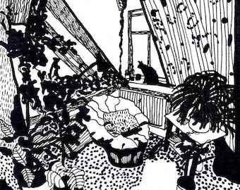 読書コーナー - オリジナル ドローイング 8”x8”