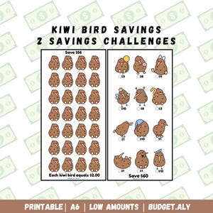 Pode incluir: Um desafio de poupança imprimível com ilustrações de kiwi. O design inclui dois desafios para poupar 56 € e 60 €, com cada kiwi a representar 2,00 €. O texto "KIWI BIRD SAVINGS 2 SAVINGS CHALLENGES" é exibido no topo.
