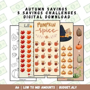 May include: A collection of five autumn-themed savings challenges. The designs include fall leaves, pumpkin spice lattes, pumpkins, and a witch's hat. The text reads "Autumn Savings, 5 Savings Challenges, Digital Download."