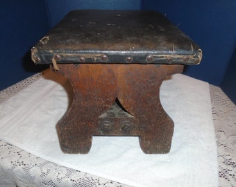 Antique Leather Upholstered  Wooden stool, Mission style wood stool