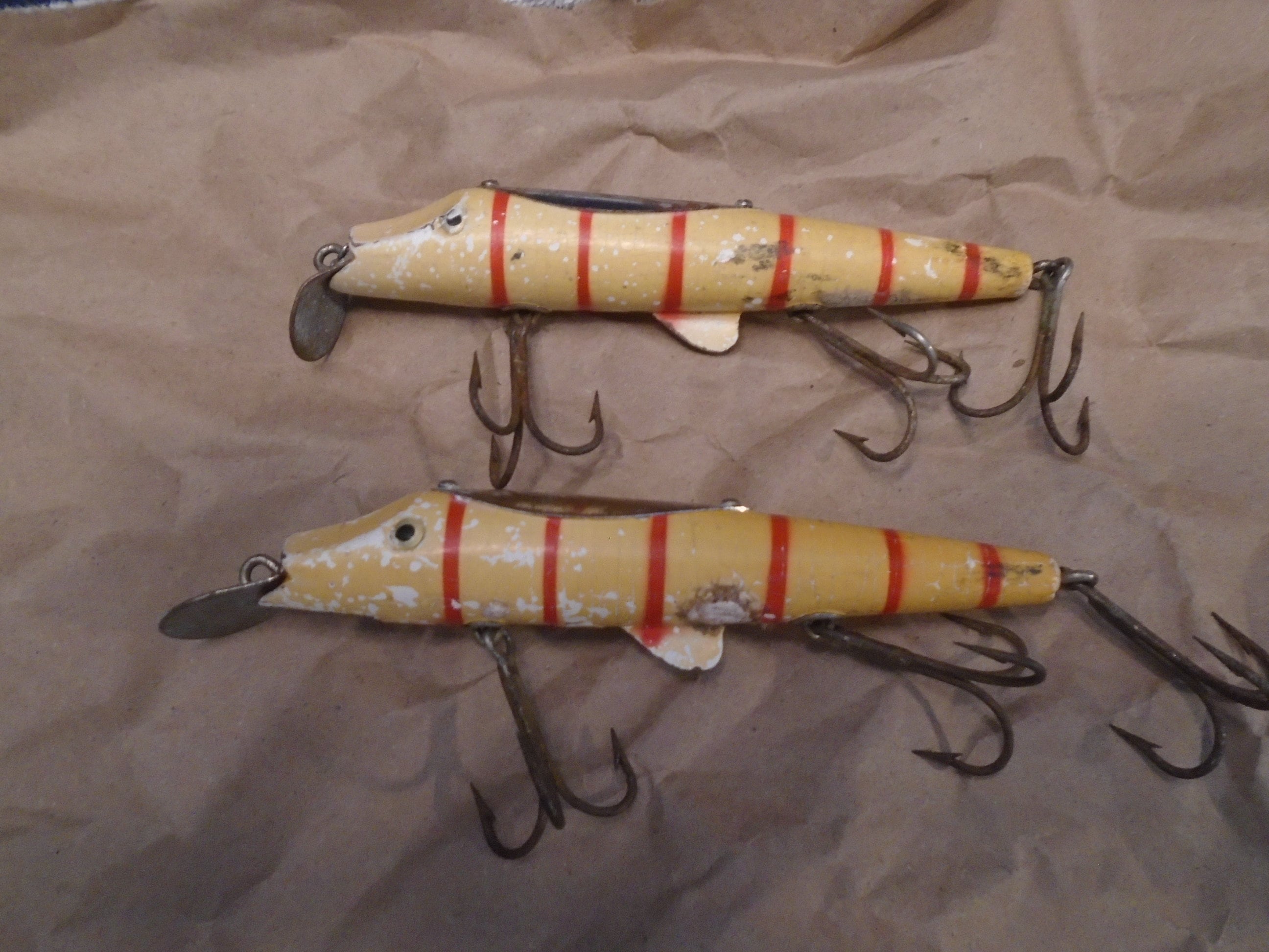 Two Great Colorful Wooden Antique Fishing Lures in Old Paint Found