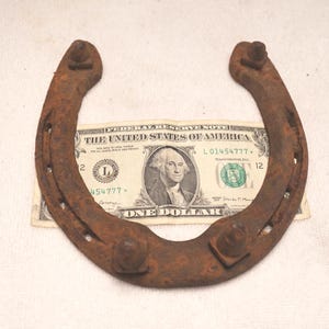 May include: A rusty, antique horseshoe with visible wear and tear, positioned over a one-dollar bill. The horseshoe is a dark brown color, and the bill features a portrait of George Washington.