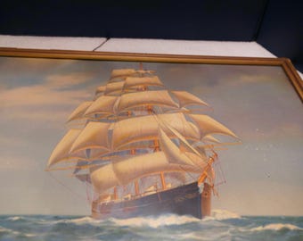 Vintage Nautical print, Framed under glass Print of a sailing ship.