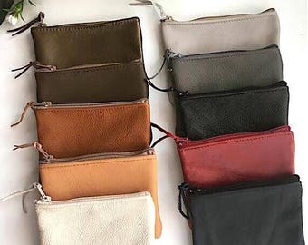 Leather coin purse, leather pouch lined / Leather card holder/ cream navy black tan bronze beige red brown
