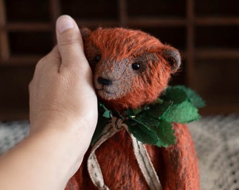 OOAK Mohair teddybeer: aardbei binnenkant, handgeverfde kraag