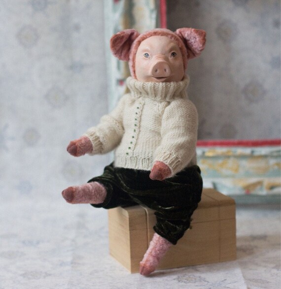 collectible pig pig doll plush artist piglet Ooak pig toy interior