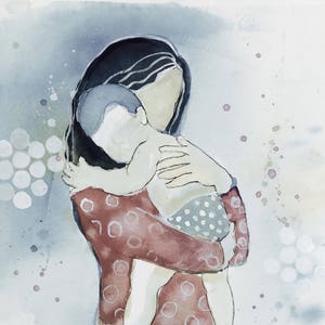 May include: A watercolor painting of a woman holding a baby in her arms. The woman is wearing a red and white polka dot shirt and the baby is wearing a white and gray polka dot shirt. The background is a light blue watercolor wash.