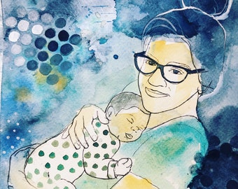 Mother's Day Gift, Breastfeeding Custom Portrait; Gift for New Mom; Original Watercolor Painting