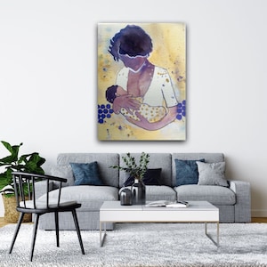 Mamma che allatta al seno di origine afro-americana, arte ostetrica, regalo consulente per l'allattamento, stampa artistica senza acido per l'allattamento al seno su carta.