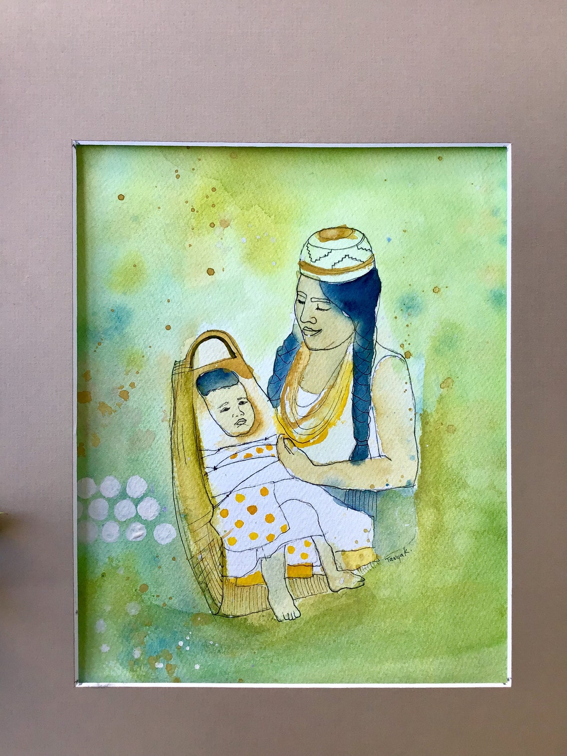 Indigenous Mom and Baby, Aboriginal Art, Native American Child in Karuk