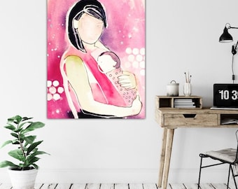 Impression d'art allaitement : maman et bébé en écharpe, jet d'encre aquarelle