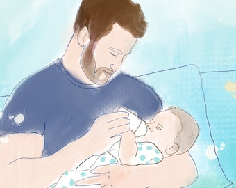 Father's Day Gift; Dad Bottle Feeding Baby Art Print on Paper; Giclee Print from Digital Painting; Fatherhood Wall Decor.