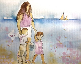 Mother's Day Gift; Custom Portrait of Mom and kids; Original Watercolor Painting; Gift for Mom; Mom Portrait from a Photo