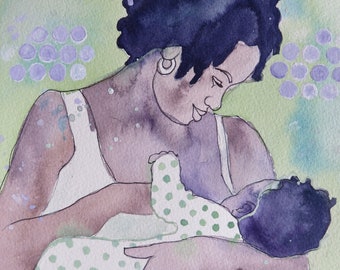 Breastfeeding Art Print: African-American Mom and Baby, Midwife Gift