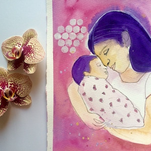 Hindu Mom Hugging Her Baby. Acid Free Art print on Paper.