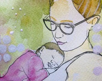 Breastfeeding Custom Portrait; Gift for New Mom; Original Watercolor Painting