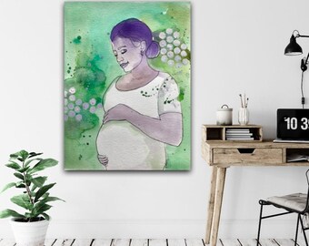 African American Pregnant Woman Art: Watercolor Print for Midwife Clinic