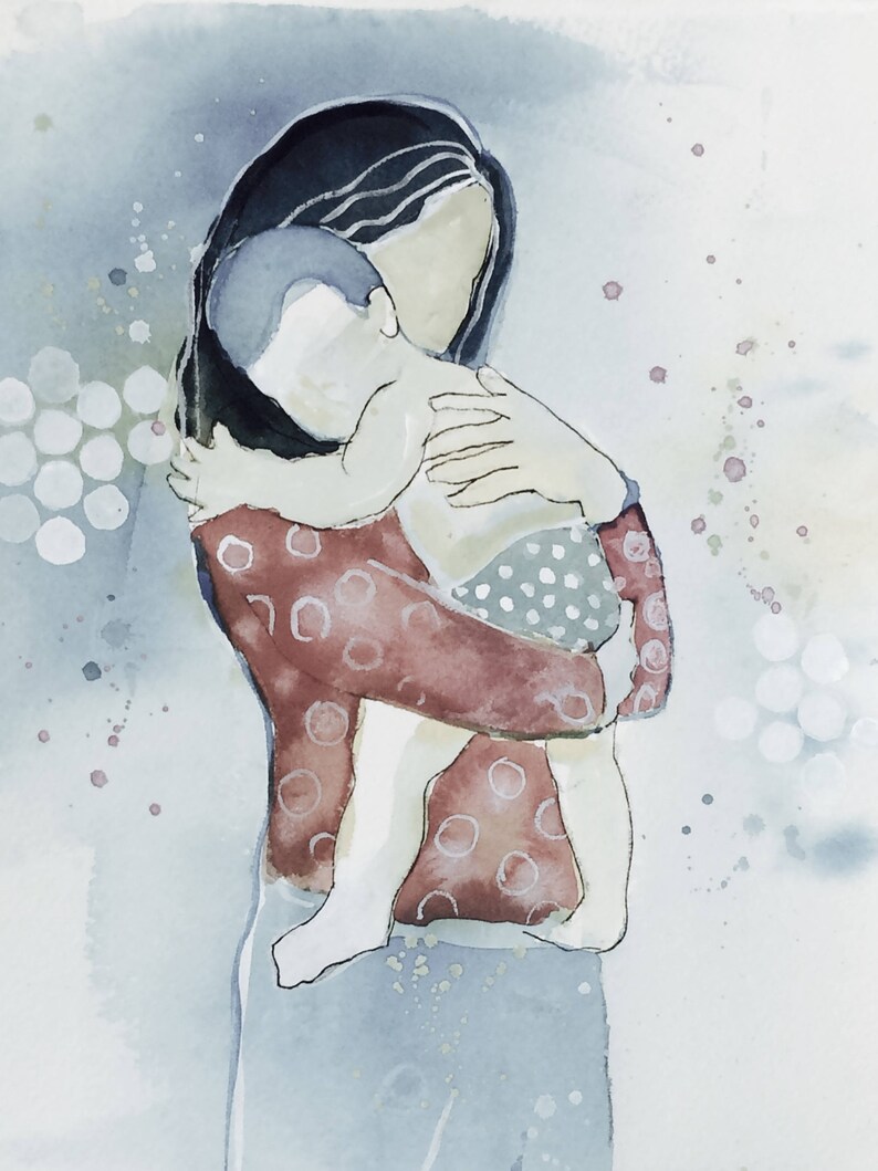 May include: A watercolor painting of a woman holding a baby in her arms. The woman is wearing a red and white polka dot shirt and the baby is wearing a white and gray polka dot shirt. The background is a light blue watercolor wash.
